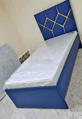 Brand New Single Bed with Upholstered Headboard and Mattress - Blue