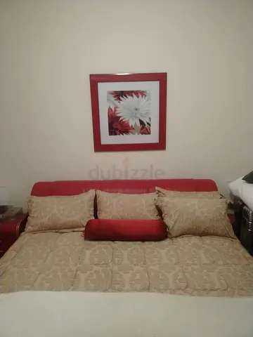 Leather, king bed: headboard, sides  footboard. Also:  mattress, bedding, tables, art  lamps