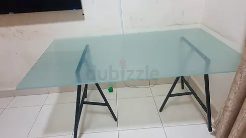 Glass Top Desk with Black Metal Trestle Legs - Modern Workstation