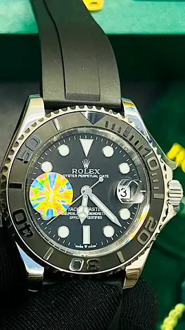 Rolex Yacht-Master Style Mens Master Copy Watch with Black Dial and Rubber Strap