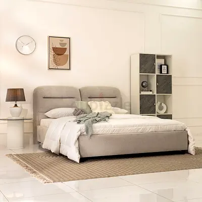 Light gray velvet tufted headboard king size bed