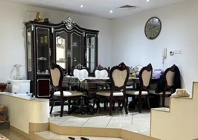 Dining table set with 12 chairs and display cabinet - classic dark wood
