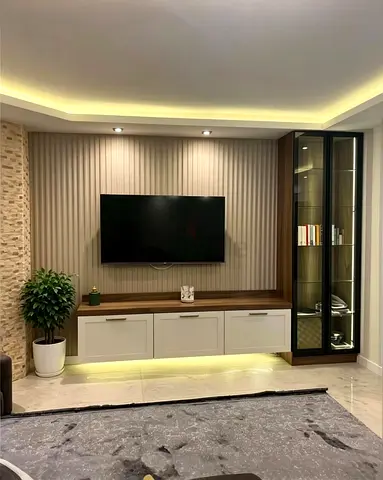 Modern built-in entertainment unit with glass display cabinet