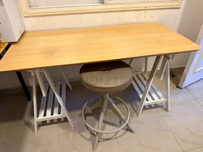 Wooden bamboo adjustable desk with adjustable stool — good condition