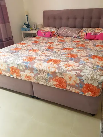 King Size Bed with Headboard - Light Grey/Purple