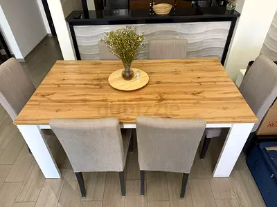 Wooden Dining Table with 6 Fabric Chairs - Light Oak Top, White Legs