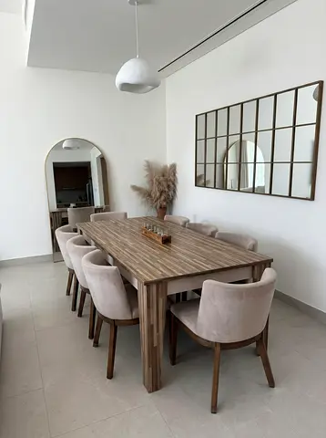 Solid Wood Dining Table with 8 Upholstered Chairs - Light Oak Finish