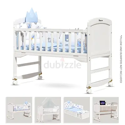 White Wooden Baby Crib with Adjustable Height and Wheels Teknum 7 in 1 usage