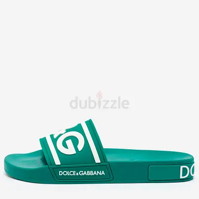Dolce  Gabbana Dark Green Rubber Logo Flat Slides Size 41