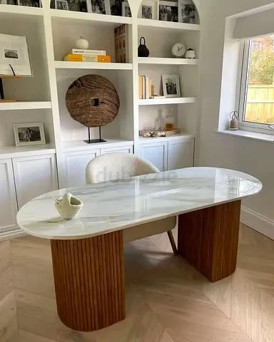 Custom Marble Dining Table with Fluted Wood Pedestal Base