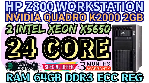 24 CORE HP Z800 WORKSTATION 2 INTEL XEON X5650 64GB RAM DDR3 NVIDIA QUADRO K2000 2GB DDR5