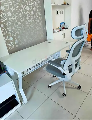 White Study Desk with Ergonomic Mesh Office Chair
