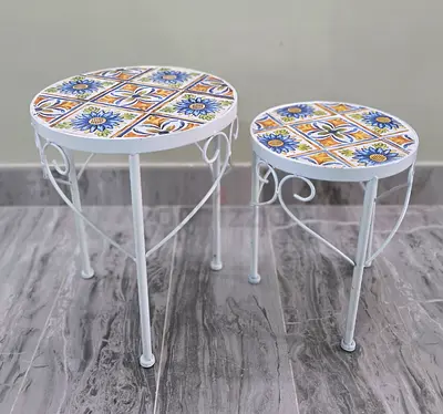 Set of 2 Decorative Ceramic Top Side Tables with White Iron Bases