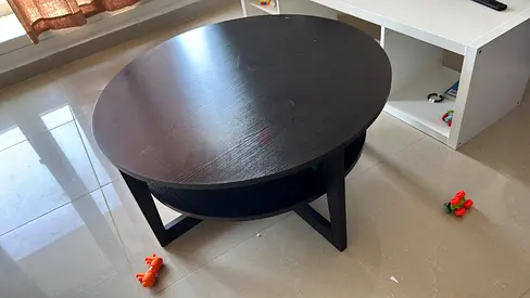 Black round coffee table with lower shelf - good condition  sofa side table