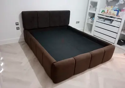 Modern Upholstered Brown Bed Frame with Tall Headboard