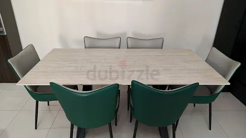 Modern Marble-Top Dining Table with 6 Chairs (Green  Grey) - Good Condition