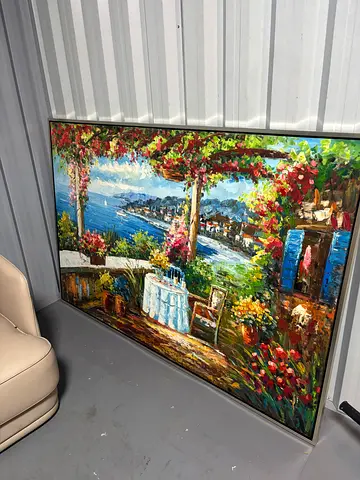Large Framed Mediterranean Seascape Oil Painting - Vibrant Coastal Village Scene