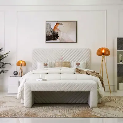 Smokey white boucle queen bed with bed end bench
