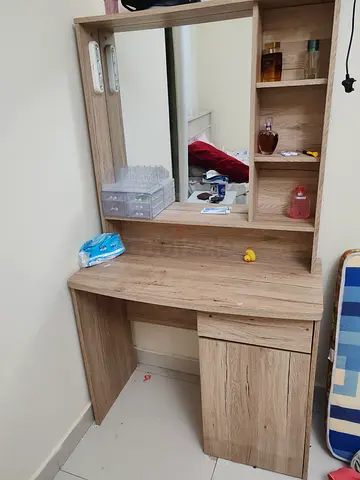 Light Oak Dressing Table with Mirror and Shelves - Good Condition