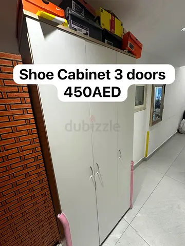 White 3-Door Shoe Cabinet - Good Condition, 450 AED