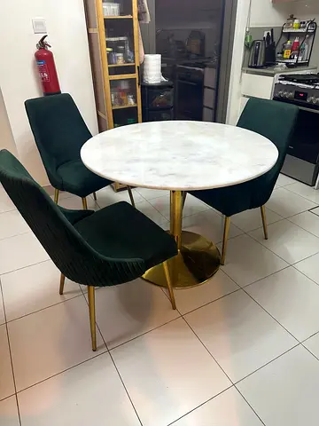 Round Marble Top Dining Table with 3 Green Velvet Chairs