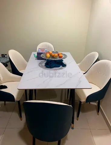 Modern 6 Seater Dining Set with Marble Top Table and Two-Tone Chairs