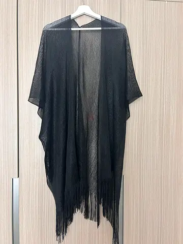 Black Sheer Fringed Shawl / Cover-up