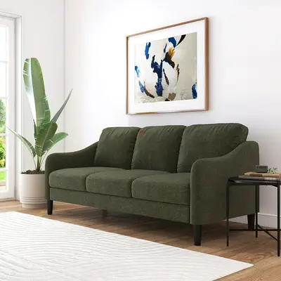 3 seater swooped arms olive green sofa