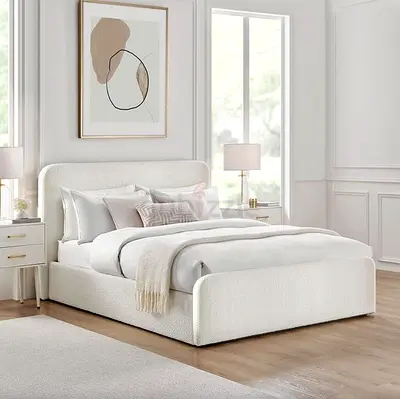 White Upholstered Queen Bed with Curved Headboard