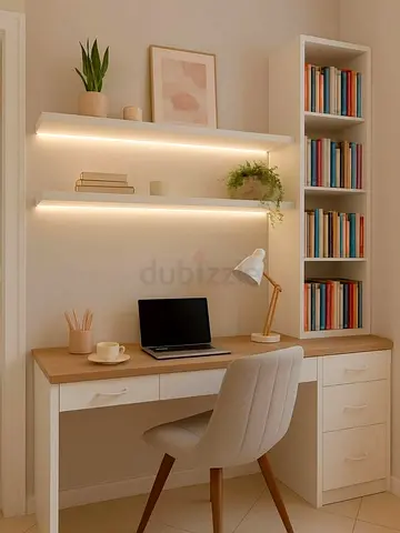 White and Wood Study Desk with Shelves and Tall Bookcase