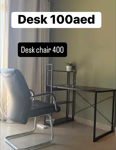 Metal-frame desk with shelving + black office chair (used)