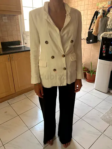 Beige Double-Breasted Linen Blazer - Size Medium