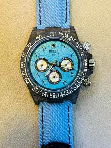 Rolex-style Chronograph Watch with Blue Dial and Fabric Strap