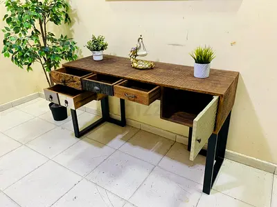 Solid Wood Console Table with Mixed-Style Drawers and Metal Legs