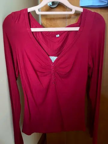 Burgundy long sleeve V-neck top, size M