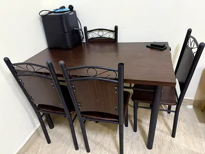4-Seater Dark Wood Dining Table with Metal Frame and Chairs