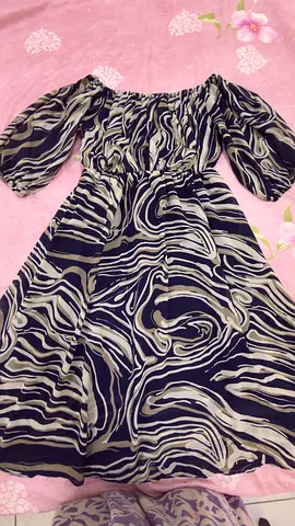 Black and white off-shoulder midi dress with elastic waist