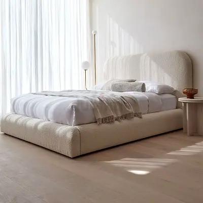 Low Profile Bouclé Upholstered Platform Bed - King Size