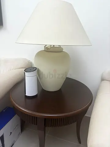 Round Wooden Side Table with Lamp (Good Condition)