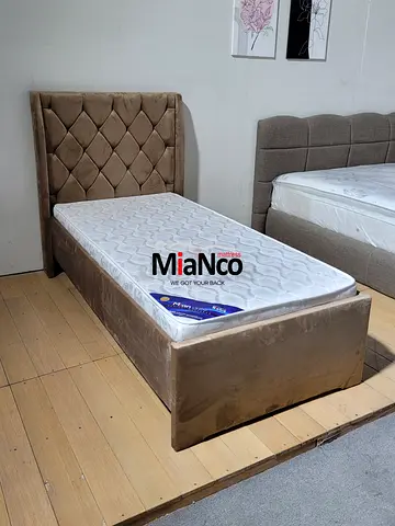 Single Bed Frame with Mattress - Velvet Upholstered, Good Condition