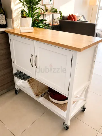 White Kitchen Island Cart with Wooden Top on Wheels - Good Condition