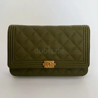 CHANEL BOY WALLET ON CHAIN IN KHAKI CAVIAR LEATHER WITH GHW