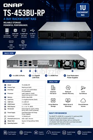 QNAP TS-453BU-RP 4-Bay Rackmount NAS - 1U, Quad-Core, 4 x USB 3.0, Dual 2.5GbE