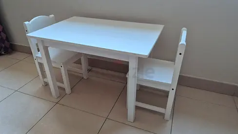 White wooden childrens table and chairs - IKEA SUNDVIK style.