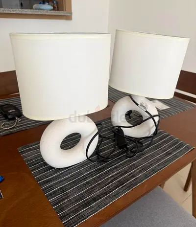 Pair of white ceramic donut table lamps with shades
