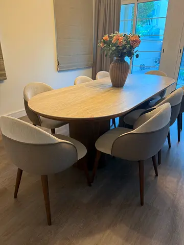 Stone top with Solid Wood Dining Table with 8 Upholstered Chairs - Light Oak
