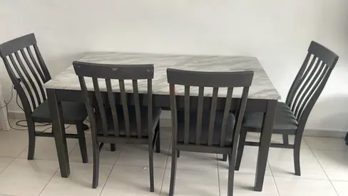 Solid Wood Dining Table with 4 Chairs — Marble-Effect Top, Good Condition