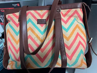 Zouk colourful chevron tote bag with brown faux-leather trim