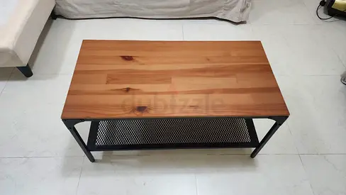 IKEA Wooden Top Coffee Table with Metal Frame and Lower Shelf