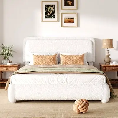 White Upholstered Queen Bed with Padded Headboard